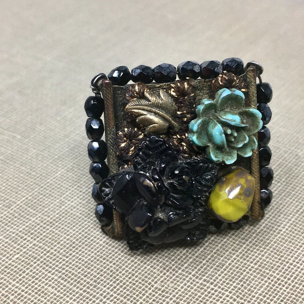 Vintage Handmade Square Black Turquoise Rose Beaded Sterling Silver Ring